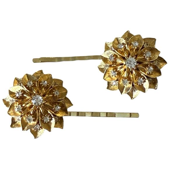 Holiday Bridal Gold Floral Crystal Hair Pins Wedding Clips Vintage Accessories - Picture 3 of 5